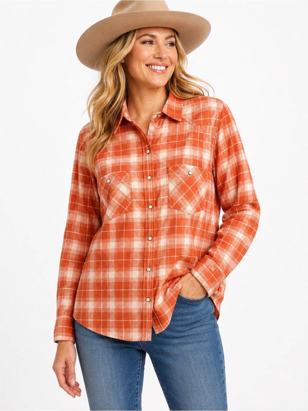 Eddie Bauer Women’s XL Orange Plaid Western Flannel Snap Shirt Cotton NWT